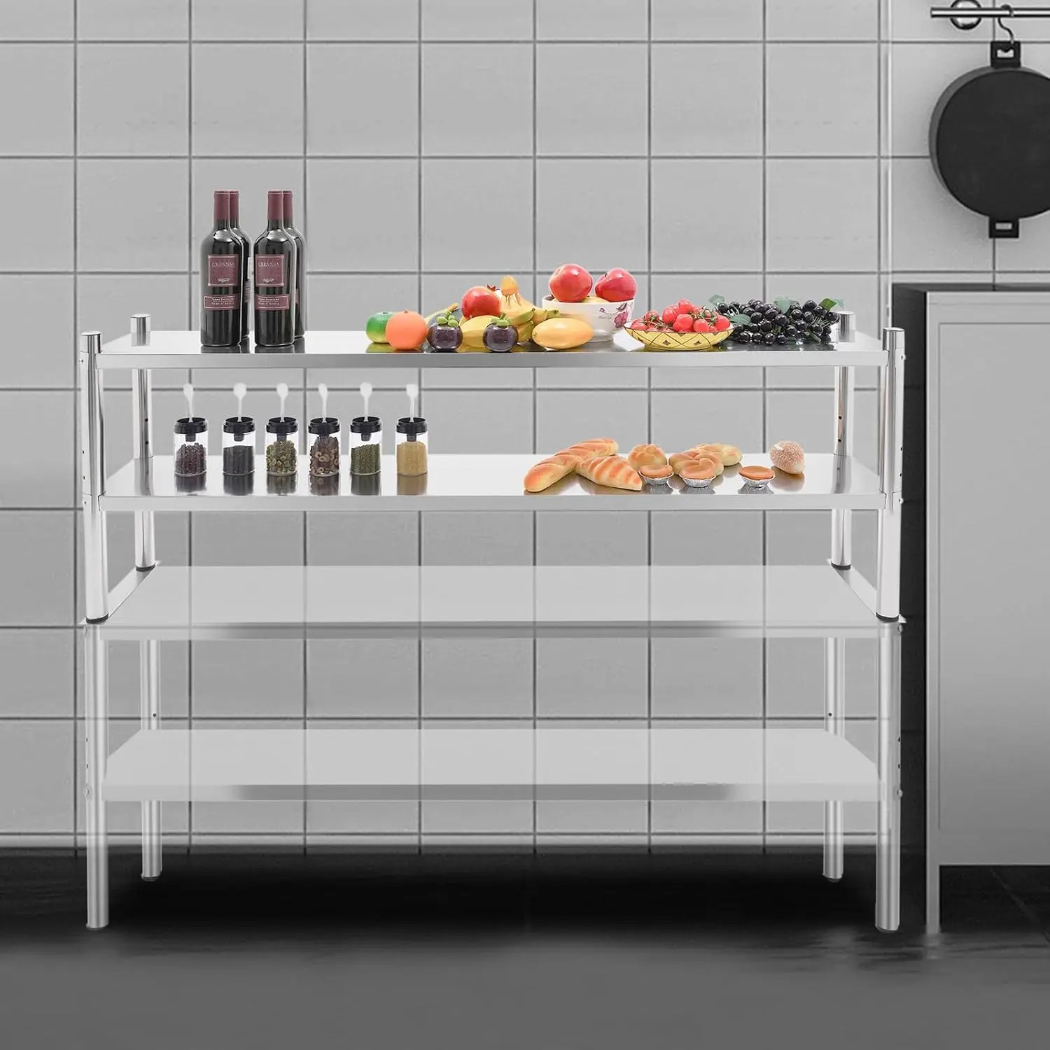 Commercial Kitchen Prep Table With Storage - Stainless Steel Double Tier Overshelf, 12