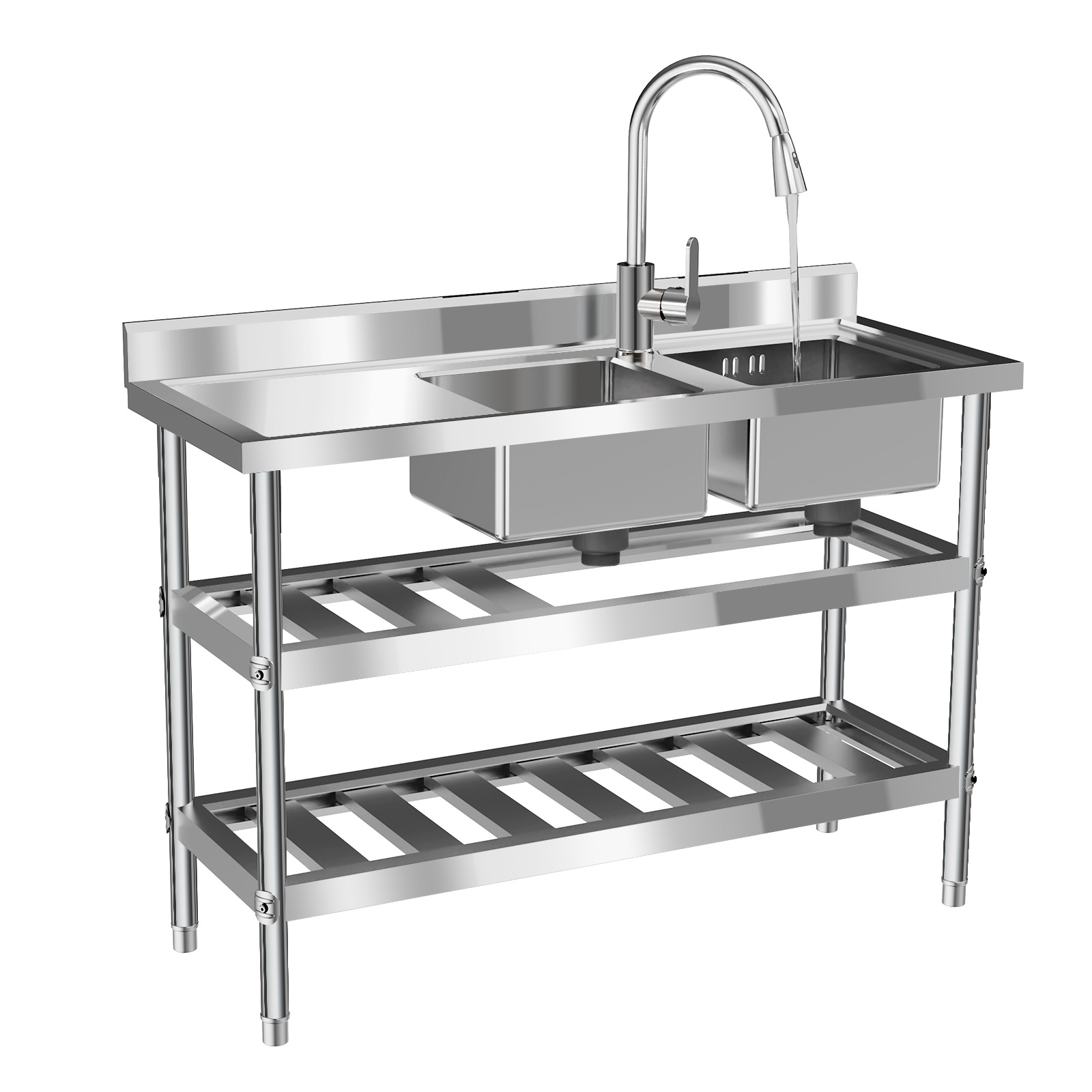Commercial Kitchen Prep Table With Storage - Commercial Restaurant Sink, Stainless Steel Double